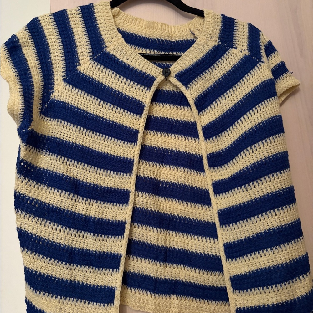 Striped Crochet Short-Sleeve Cardigan in Blue and Cream